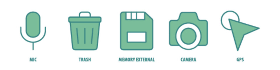 GPS, Camera, Memory external, Trash, Mic editable stroke outline icons set isolated on white background flat vector illustration.