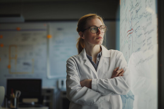 Portrait of female mathematician standing by a whiteboard with a marker in hand, writing mathematical equations, formulas, calculations. Research and education in science for women. STEM girl concept.