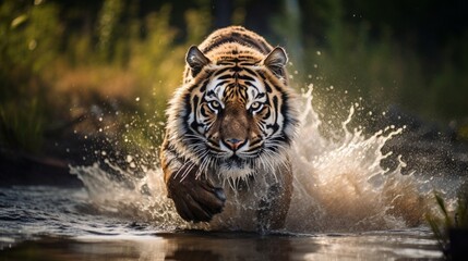 Obraz premium Siberian tiger, running in the water directly at camera with water splashing around. Attacking predator in action. Tiger in taiga environment.