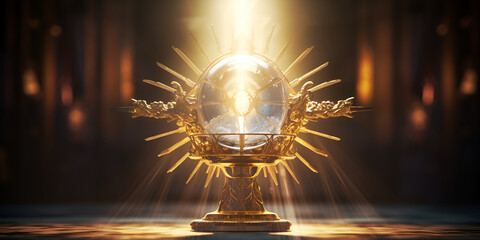 The golden monstrance with a little transparent crystal center consecrated host church defocused background
