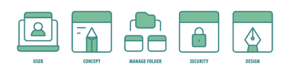Design, Security, Manage Folder, Concept, User editable stroke outline icons set isolated on white background flat vector illustration.