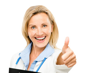 Happy woman, portrait and doctor with thumbs up, isolated, background and stethoscope. Female person, medical and transparent for png, healthcare and approved gesture for cut out and success