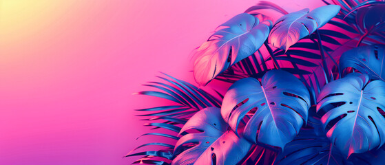 Neon jungle, vibrant palm leaves set against a gradient background, embodying the lively essence of tropical dreams