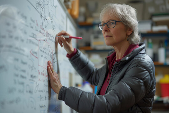 Portrait of female mathematician standing by a whiteboard with a marker in hand, writing mathematical equations, formulas, calculations. Research and education in science for women. STEM girl concept.