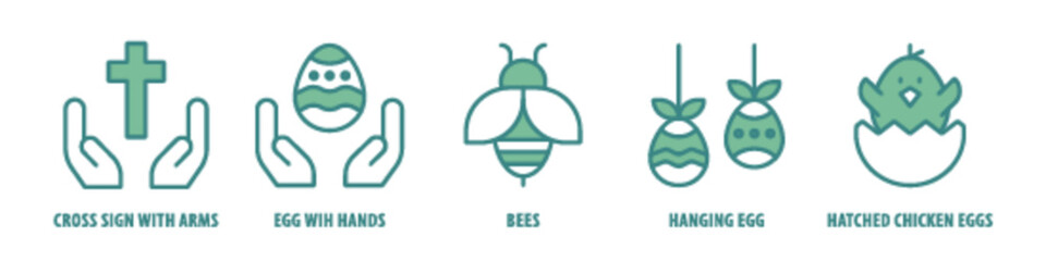 Hatched chicken eggs, Hanging Egg, Bees, Egg with Hands, Cross Sign with Arms editable stroke outline icons set isolated on white background flat vector illustration.