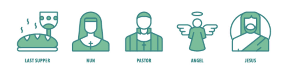 Jesus, Angel, Pastor, Nun, Last Supper editable stroke outline icons set isolated on white background flat vector illustration.