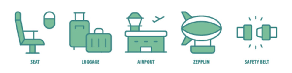 Safety Belt, Zeppelin, Airport, Luggage, Seat editable stroke outline icons set isolated on white background flat vector illustration.