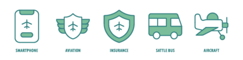 Aircraft, Sattle bus, Insurance, Aviation, Smartphone editable stroke outline icons set isolated on white background flat vector illustration.