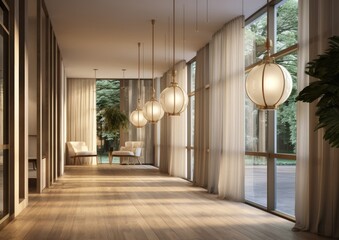 The photograph showcases a spacious hallway featuring tall windows, allowing ample natural light to stream in, along with hanging lights illuminating the area.