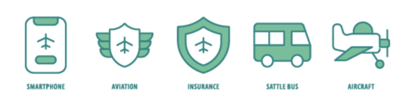Aircraft, Sattle bus, Insurance, Aviation, Smartphone editable stroke outline icons set isolated on white background flat vector illustration.