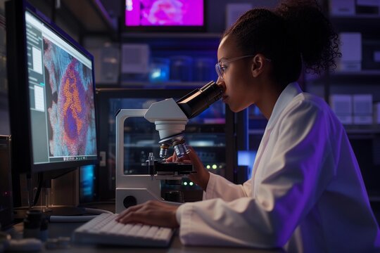 Portrait of a young female scientist working in a laboratory with a microscope. Research, innovations, education in science for women. Girls in STEM concept. 
