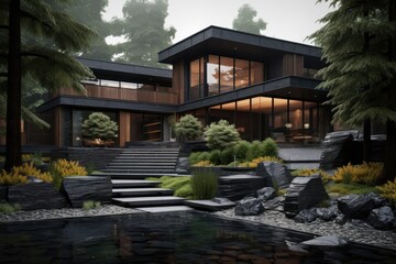 Fototapeta premium A grand mansion with a cascading waterfall in the foreground, surrounded by lush greenery.