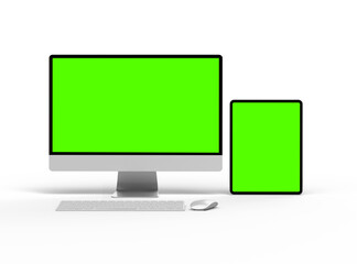 3D Render of desktop and tablet with green screens on a light background