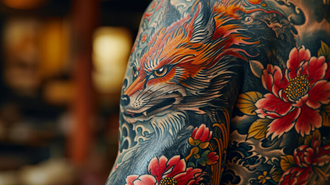 Japanese inspired tattoo with an aggressive fox on the upper arm