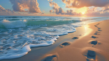 Traces in the sand on a beach by the sea in a low sun