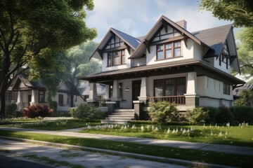 A realistic depiction of a house situated in a typical residential neighborhood.