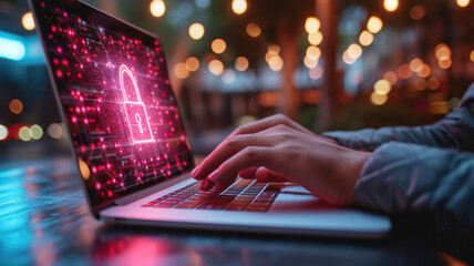 Closeup of laptop screen with security key in neon lights in pink color with blurred bokeh lights background. Cyber security network, data protection concept. Ai generated