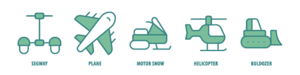 Bulldozer, Helicopter, Motor snow, Plane, Segway editable stroke outline icons set isolated on white background flat vector illustration.