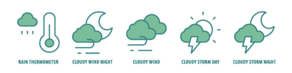 Cloudy Storm Night, Cloudy Storm Day, Cloudy Wind, Cloudy Wind Night, Rain Thermometer editable stroke outline icons set isolated on white background flat vector illustration.