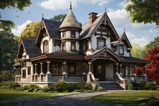 This photo depicts a detailed painting showcasing a Victorian style house.