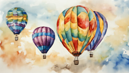 Naklejka premium Colorful Watercolor Hot Air Balloons in Sky