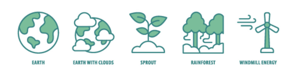 Windmill energy, Rainforest, Sprout, Earth with clouds, Earth editable stroke outline icons set isolated on white background flat vector illustration.