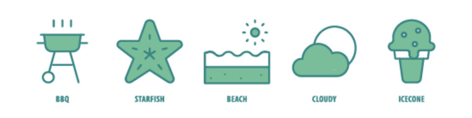 Ice cone, Cloudy, Beach, Starfish, BBQ editable stroke outline icons set isolated on white background flat vector illustration.
