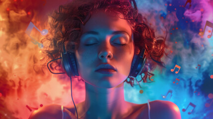 A woman with headphones is immersed in music, surrounded by vibrant neon colors and abstract...
