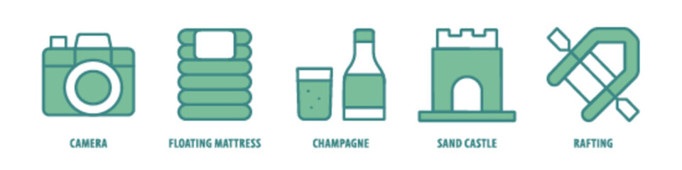 Rafting, Sand Castle, Champagne, Floating mattress, Camera editable stroke outline icons set isolated on white background flat vector illustration.