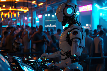 Fototapeta na wymiar robot in the night club, dj, singer, blurred background. Artificial intelect in future life. AI Generated 
