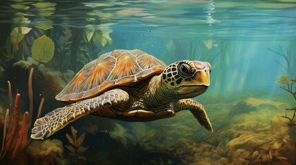 swimming turtle. - obrazy, fototapety, plakaty