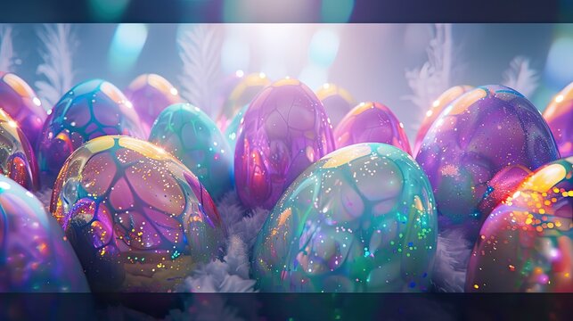 Holographic shimmer,  painted easter eggs, copy space in center, flat lay, minimal concept, insanely detailed, studio lighting, photographed by art director
