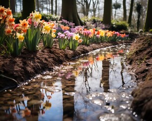 Reflexos em riacho entre tulipas coloridas e árvores