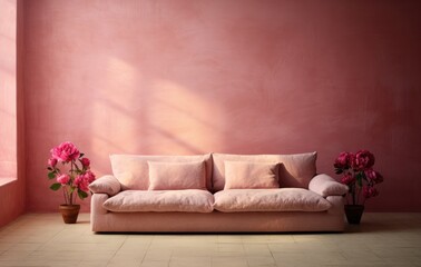This photo showcases a living room with pink walls and a white couch as the main focal points.