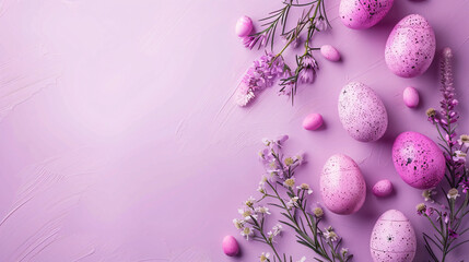 easter eggs and flowers on pink background with copy space area
