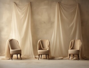 A gathering of chairs arranged in a row, placed together in front of a curtain.