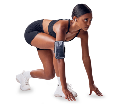 Isolated woman, start running and phone on arm with vision, ready or fitness by transparent png background. Girl, person and thinking with wearable tech, earphones and race for exercise with music