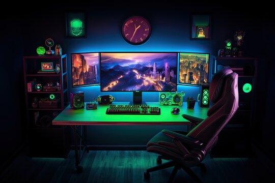 Vibrant RGB Gaming Setup Featuring Triple Monitors and Ergonomic Chair at Night