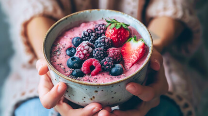 Female hands holding a pink raspberry smoothie bowl with blueberries, strawberries and blackberries. Side view, close up. Vegan super food concept. Healthy dairy breakfast for dieting and detox - obrazy, fototapety, plakaty