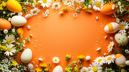 Naklejka na ściany i meble easter eggs and flowers on orange background with copy space area