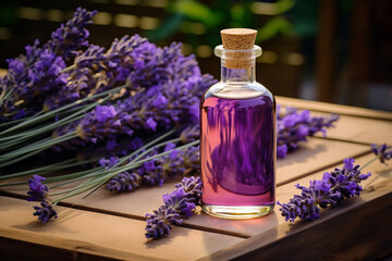 A transparent bottle with a purple liquid stands on a wooden table next to lavender flowers. The concept of natural organic cosmetics.