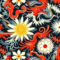 Fototapeta na wymiar a colorful floral pattern with swirls and leaves on a black background , generated by AI