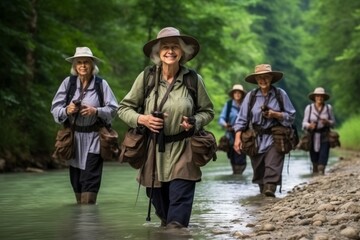 Elderly gray-haired tourists in huge straw hats and backpacks walk along a shallow river in jungle
