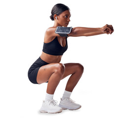 Fitness, squat and woman with phone, earphones and exercise for wellness in body training....