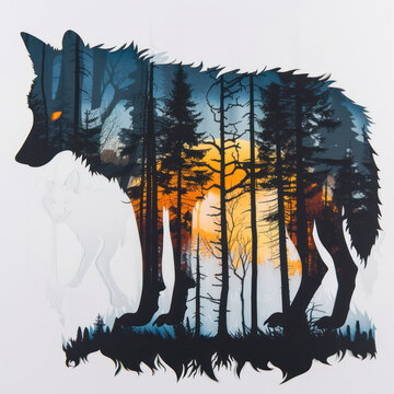 A breathtaking illustration capturing the majestic grace of a wolf against a backdrop of towering trees and a vibrant sunset, rendered with stunning detail through skilled drawing and painting techni