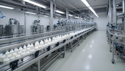 Yogurt Line for Automated Robotic Natural Dairy Products. Indoor industrial food production facility