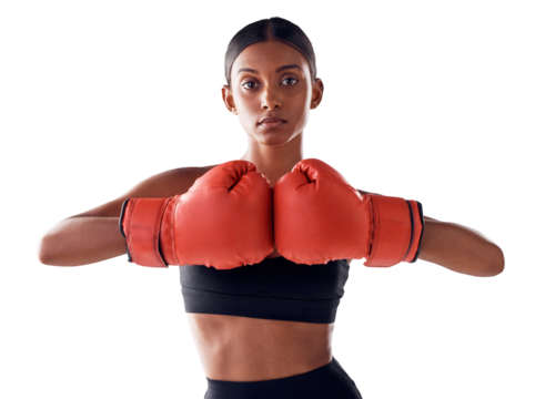 Boxing, sports and portrait of woman with gloves for exercise, strong muscles and mma training. Fitness, boxer workout and serious person for challenge on png, isolated and transparent background - Powered by Adobe