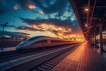 Obraz premium Dusk Departure: Intercity High-Speed Train at Sunset Railway Station