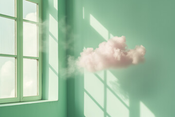 AI Generated Image Fluffy cloud flying in the pastel green colored interior