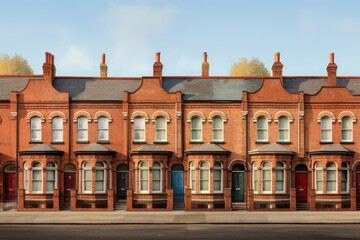 Fototapeta na wymiar A row of red brick townhouses lined up on a city street.